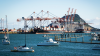 Cargo ships docked into Tauranga Harbour Port waiting for the adjacent container cranes to load.