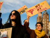 Women are participating in the 19th Krakow Manifa at the Main Square in Krakow, Poland