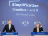 EU Commissioner for Economy and Productivity, Implementation and Simplification Valdis Dombrovskis (L) and the EU Commissioner for Financial Services and the Savings and Investments Union Maria Luis Albuquerque (R) talking to media in the Berlaymont building in Brussels, Belgium.