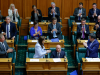 National Party leader Christopher Luxon is applauded by colleagues after speaking in the house at Parliament on 21 February, 2023 in Wellington, New Zealand.